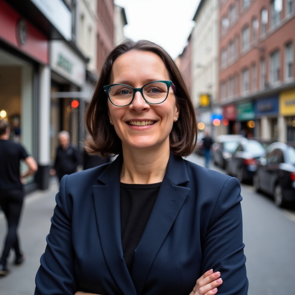 Headshot of Rebecca Hopkins. Woman with shoulder length brown hair, wearing black glasses and a dark blue blazer, staring directly into the camera. She is standing on a busy city street.
