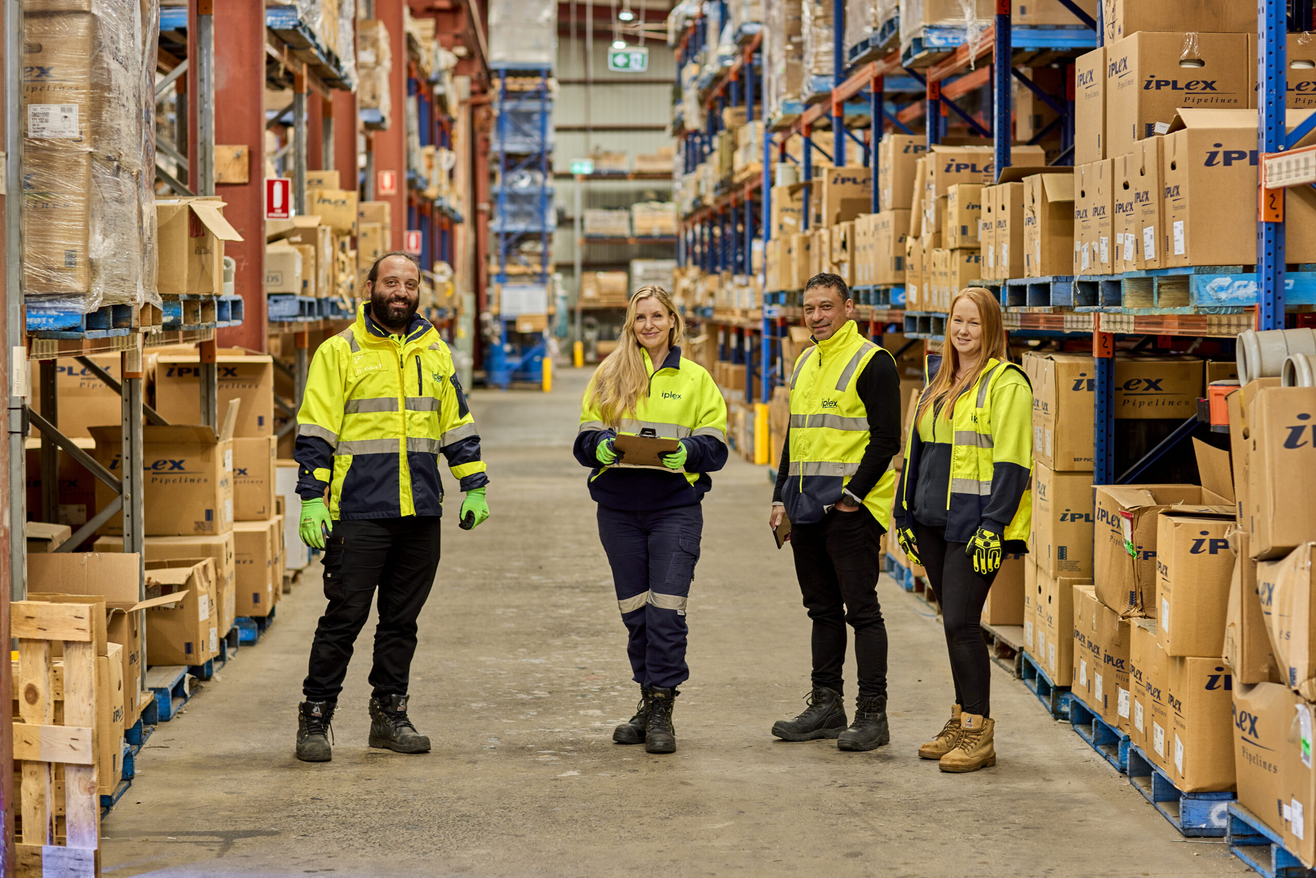 Two female and two male Iplex employees in a warehouse location.